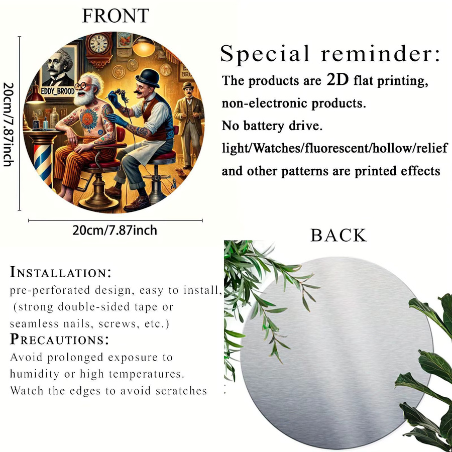 Potdemiel Vintage Tattoo Friseursalon Wandkunst aus Metall, rund, Mehrfarbig, Durchmesser: 19,81 cm - Bild 3