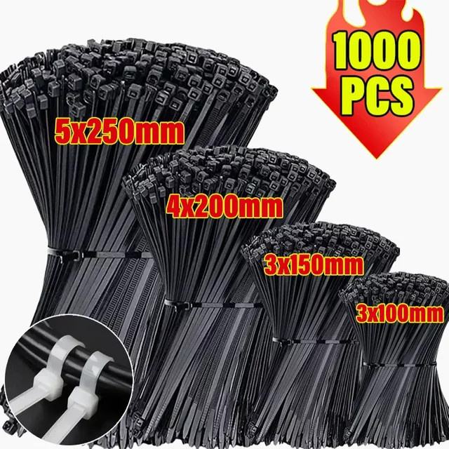 1000 Stück Nylon-Kabelbinder aus Kunststoff in Schwarz, selbstsichernde und hitzebeständige Kabelbefestigung - Bild 1