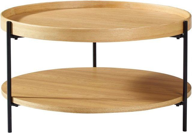 okwish Couchtisch aus Massivholz und Metall in Natur Braun, runder 2-stöckiger Wohnzimmertisch, B/T/H: 69 x 69 x 38 cm - Bild 1
