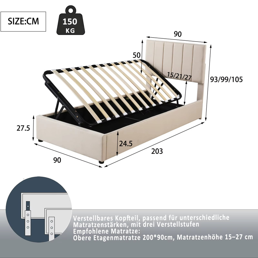 Creahappy Polsterbett mit Stauraum und hydraulischem Lift-up-System, Einzelbett aus Leinen, Farbe: Beige, B/T/H: 90 x 200 cm - Bild 2