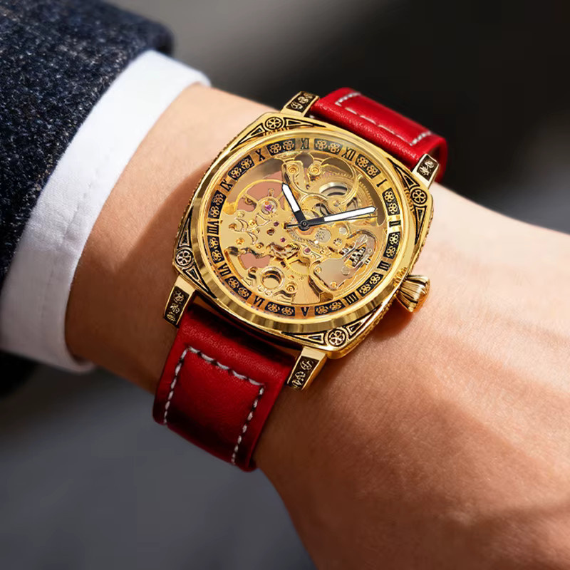 CAROTIF Armbanduhr Automatik, Messing, Gold, Rot, Leder, Herren - Bild 5
