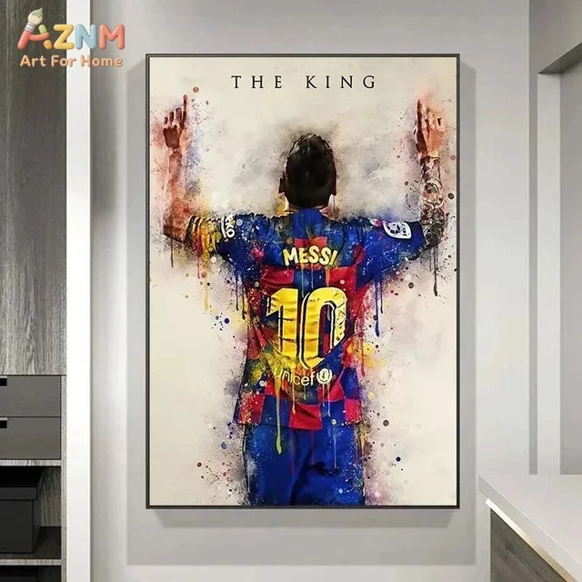 AZNM Messi The King Aquarell-Leinwand Wandkunst Fußballspieler-Druck in Mehrfarbig für deine Sport-Raumdekoration - Bild 1