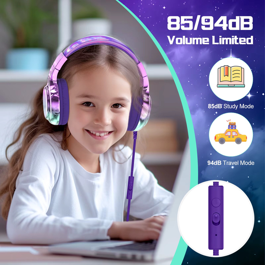 QearFun Kinder-Kopfhörer mit Mikrofon, kabelgebundenes Stereo-Sound-Headset in Purple, faltbar, mit Lautstärkeregler (85/94 dB) für Schule und Tablet - Bild 2