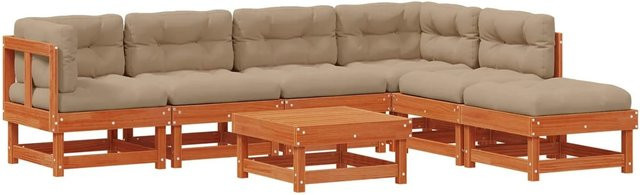 vidaXL Garten-Lounge-Set aus massivem Kiefernholz in Wachsbraun, 7-teiliges L-Shape Set mit Tisch, Ecksofas, Mittelsofas, Fußtritt und Kissen - Bild 1