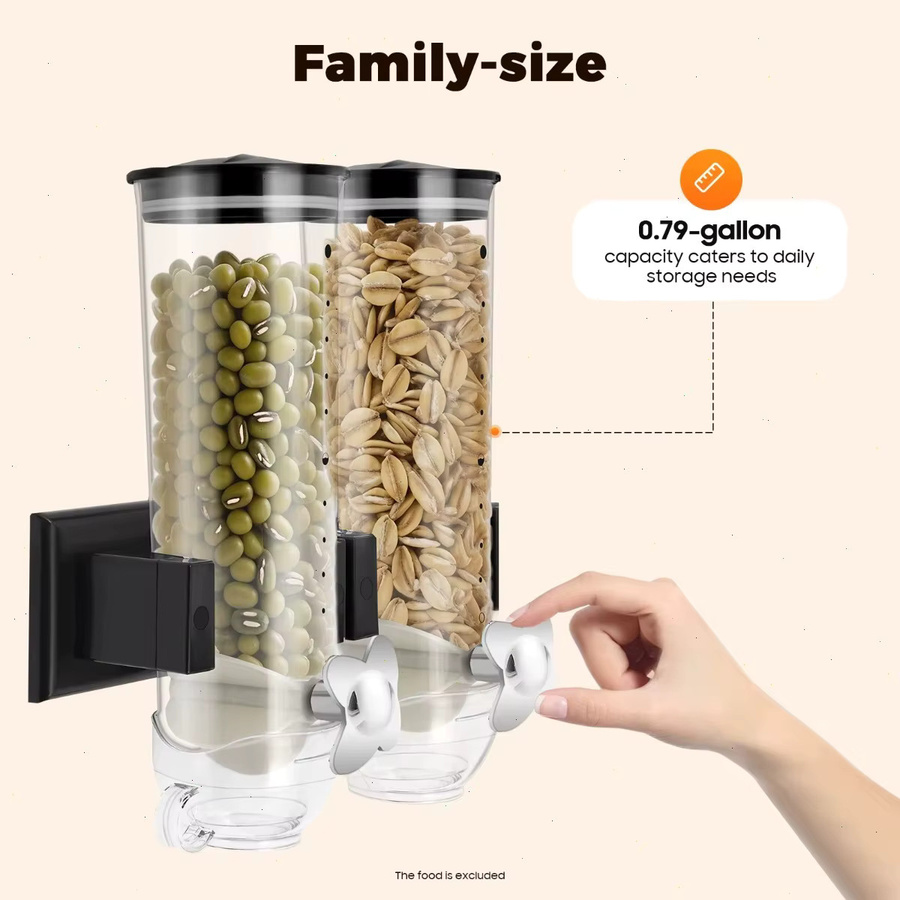 Bymaocar Wandmontierter Müsli-Spender mit 2 Fächern, 3 l, Schwarz und Transparent, inklusive Messbecher für Küche und Tierfutter-Aufbewahrung - Bild 2