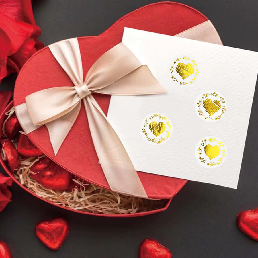 500 Stück goldene Herz-Aufkleber aus Folie als runde Siegel für Geschenkverpackungen und Umschläge - Bild 2