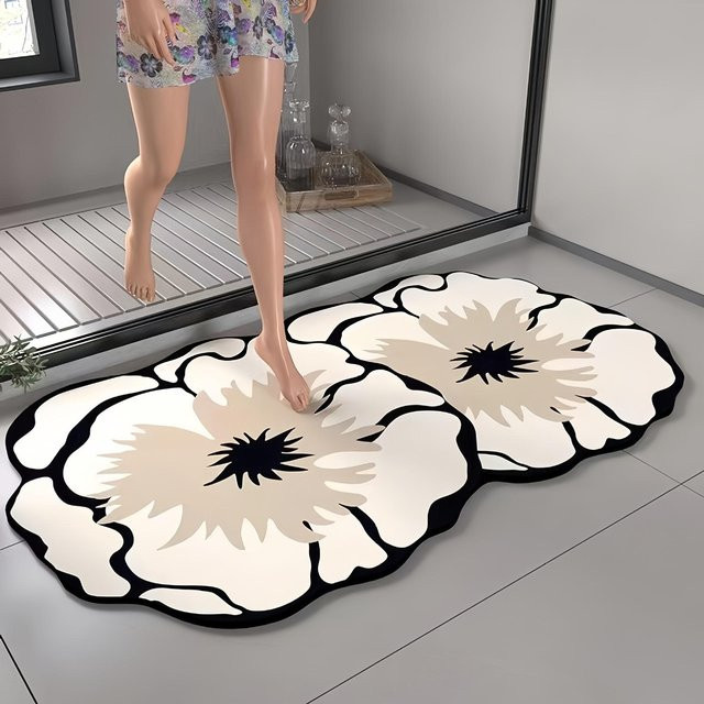 Saugfähige Diatomit Badematte mit Blumenmuster von xianyi01 in Grau, rutschfest und schnelltrocknend, B/T: 60 x 40 cm - Bild 1