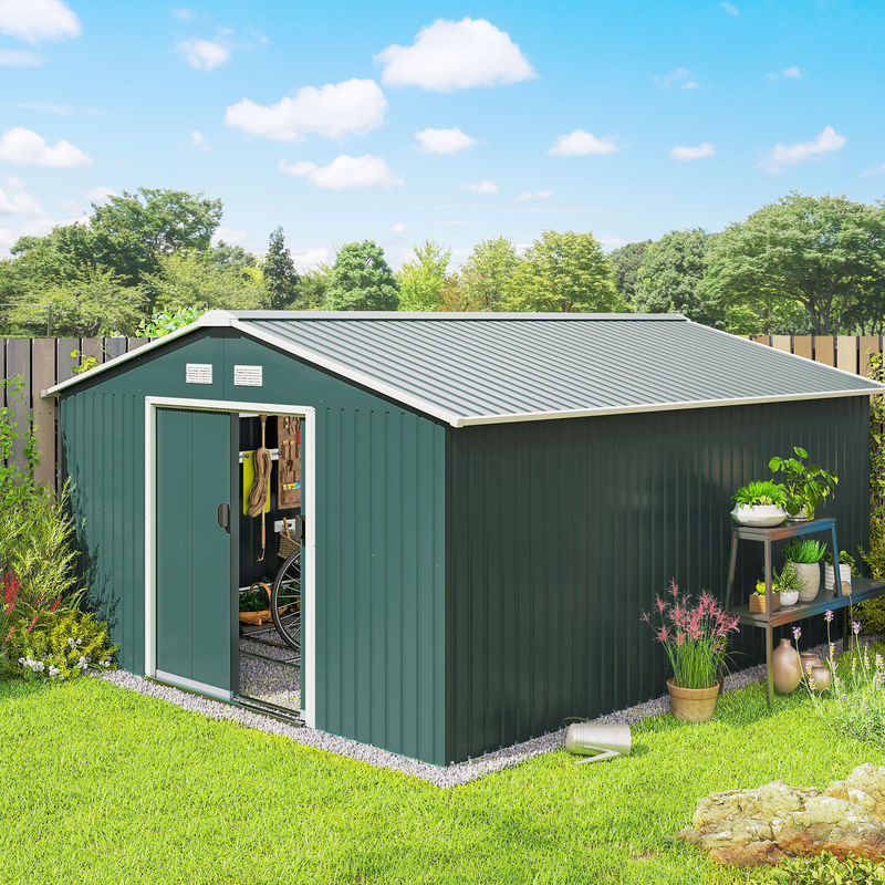 Outsunny Gerätehaus aus verzinktem Stahl mit Pultdach und Schiebetür, Dunkelgrün, B/H/T: 386 x 200 x 340 cm - Bild 2