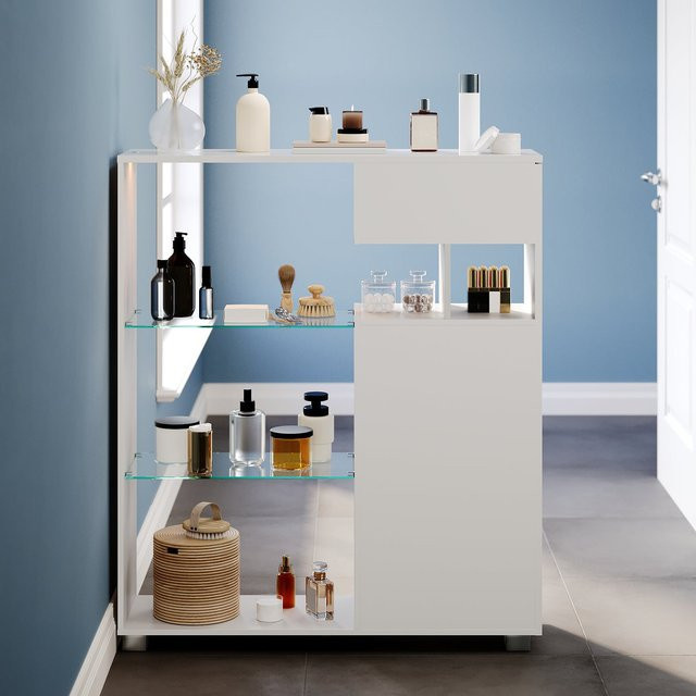 SONNI Badezimmerschrank mit LED-Sensor, Badschrank mit 3 Schubladen und linksseitigem Klappfach, Weiß, B/T/H: 100 x 26 x 116 cm - Bild 1