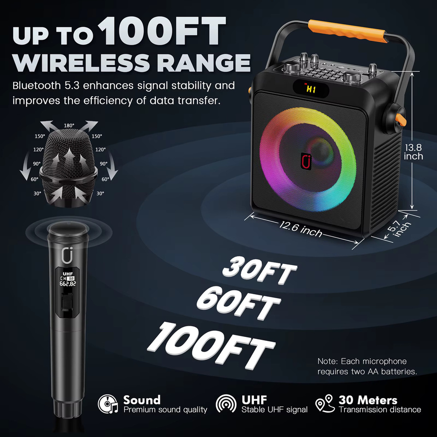 FanFun Karaoke-Maschine mit 2 kabellosen Mikrofonen, tragbarer Bluetooth 5.3 Karaoke-Lautsprecher mit 6,5-Zoll-Subwoofer und Bass-Echo-Funktion, Schwarz - Bild 4