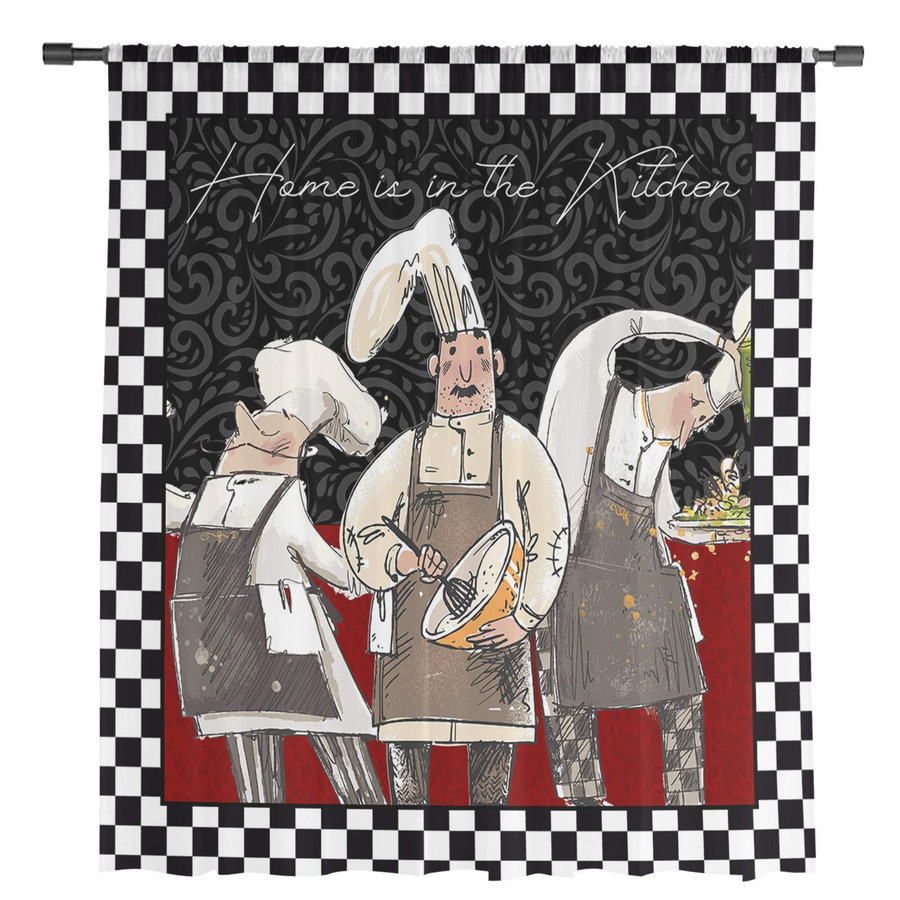 Retro Tüll Voile Vorhang in Schwarz Weiß Kariert für Küche und Wohnzimmer, transparent, Breite: 135 cm, Höhe: 115 cm - Bild 3