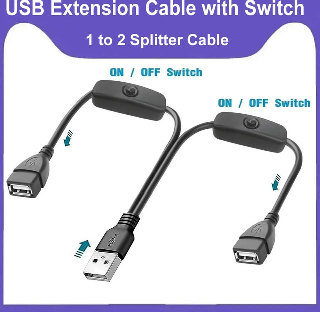 USB 1-in-2 Verlängerungskabel mit Ein-/Ausschalter in Schwarz, USB-A Stecker auf USB-A Buchse Hub-Splitter als Ladekabel für LED-Lampen, Lüfter und LED-Streifen - Bild 1