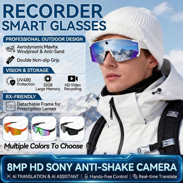 GUHUAVMI KI-Skibrille 2026 mit 800W HD Anti-Shake-Action-Kamera, 3D-Surround-Sound und KI-Chat-Anruffunktion für Herren in Schwarz, Grün oder Silber - Bild 1