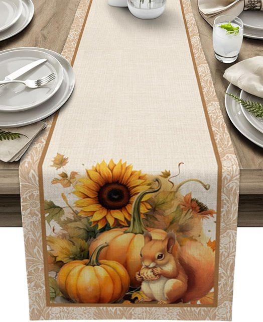 JMG Household Supplies Tischläufer aus Leinen mit Herbstmotiv in Weiß und Beige, B/L: 33 x 150 cm - Bild 1