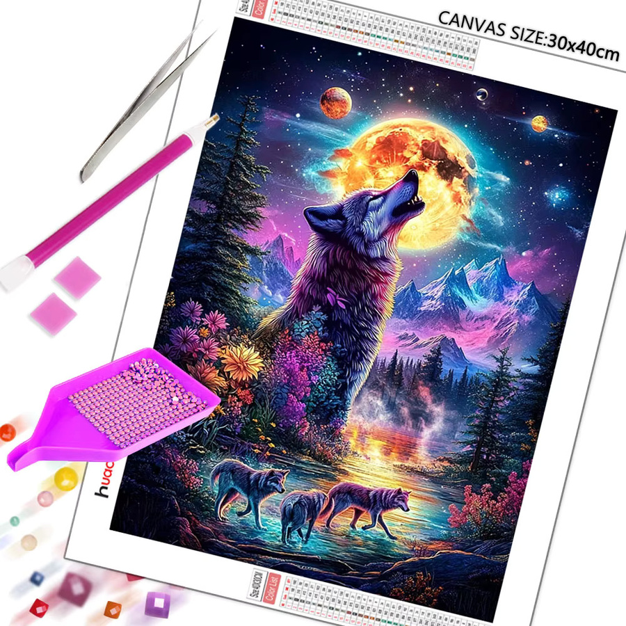 Huacan Diamant-Malerei Wolf als Rundes Stickerei-Set in Mehrfarbig zur Wanddekoration - Bild 3