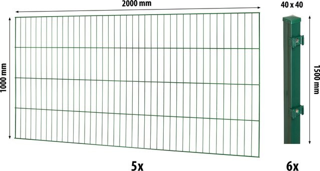 Floraworld Einstabmatten-Zaunset mit Vierkantpfosten Grün, Höhe: 100 cm, Breite: 1000 cm - Bild 1