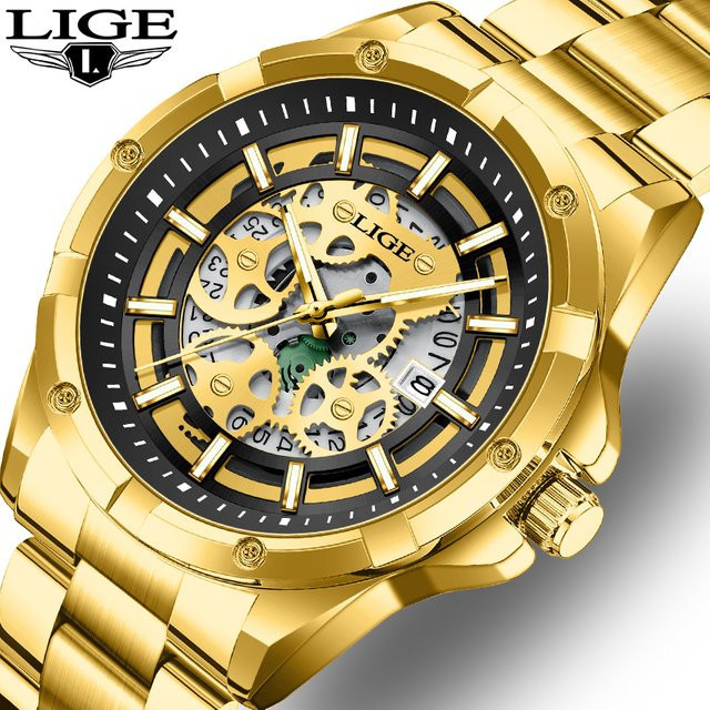 LIGE Armbanduhr Skelett, Quarz, Gold, Edelstahl, Herren - Bild 1