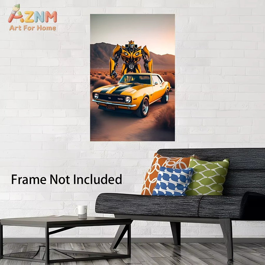 AZNM Transformers Bumblebee Classic Yellow Camaro Muscle Car Poster als rahmenlose Leinwand-Wandkunst mit Roboter-Charakterdruck - Bild 2