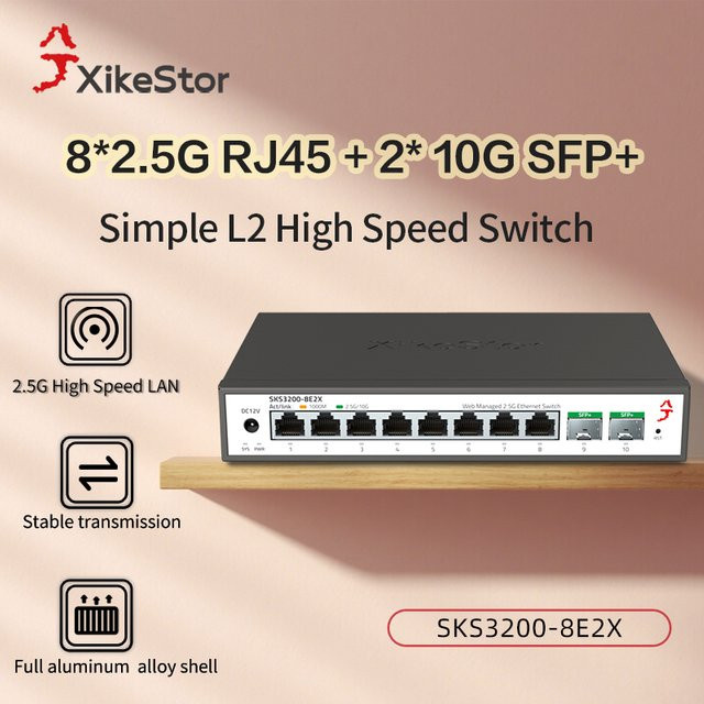 XikeStor Simple L2 Managed Ethernet Switch mit 8-Port 2,5G RJ45 und 2-Port 10G SFP in Schwarz - Bild 1