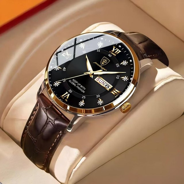 POEDAGAR Armbanduhr Quarz, Leder, Gold, Herren - Bild 1