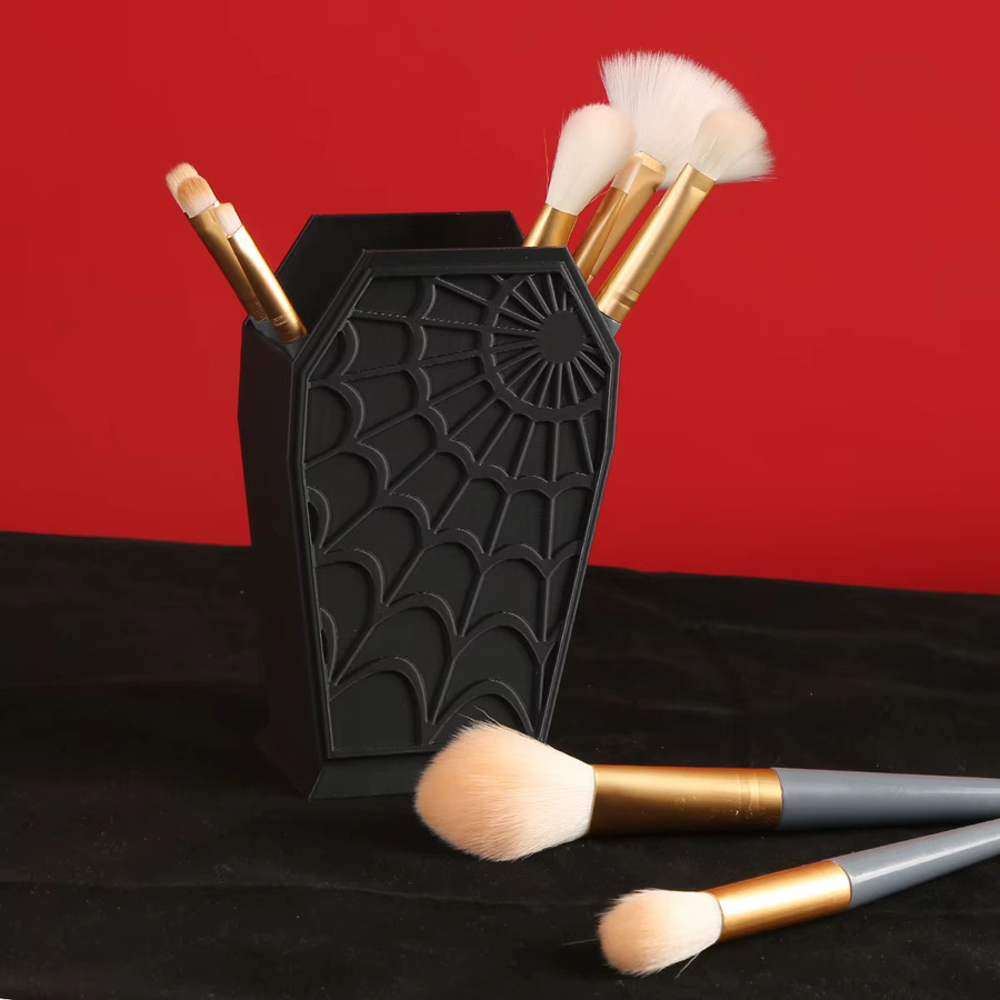 Gotischer Make-up-Pinselhalter in Sargform mit Spinnennetz-Design, schwarzer Schreibtisch-Organizer aus Kunststoff für Waschtisch oder Büro - Bild 2
