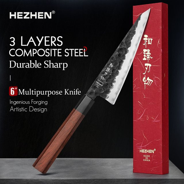HEZHEN Mehrzweckmesser aus Edelstahl mit rotem Holzgriff, 6 Zoll (Breite: 15,24 cm) - Bild 1