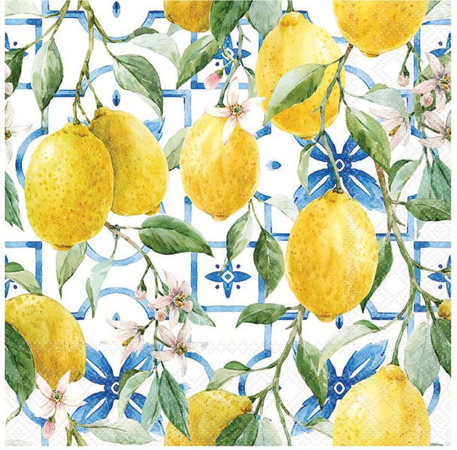 Serviette Mediterrane Zitronen aus Papier in Gelb, Blau und Weiß, B/T: 33,0 x 33,0 cm - Bild 1