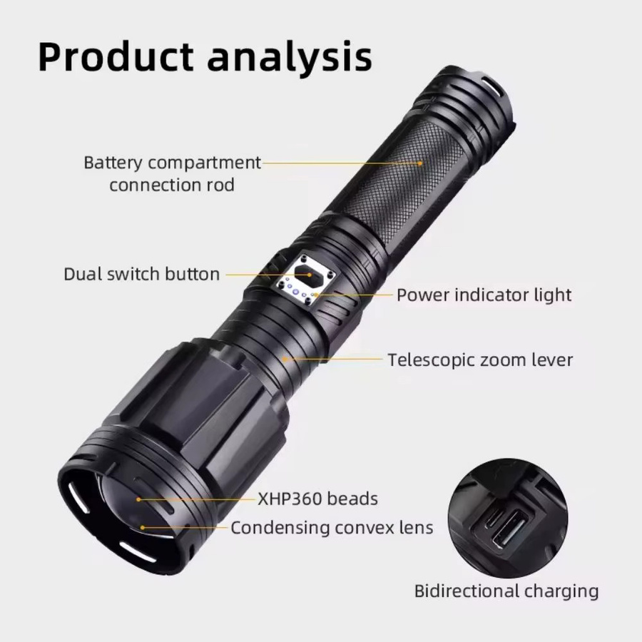 ASORT Hochleistungs-XHP360 Taschenlampe mit Doppel-Lichtquelle und 7 Beleuchtungsmodi, wiederaufladbare LED Laterne in Schwarz - Bild 6