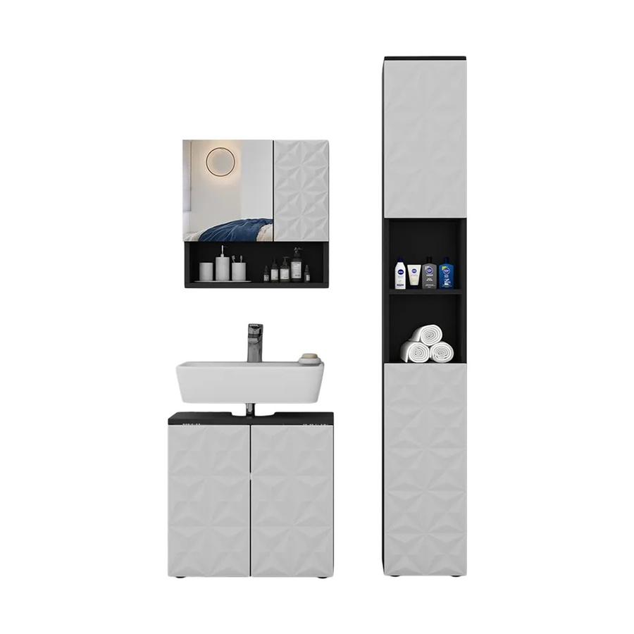Vicco Badmöbel-Set Edge modern in Schwarz/Weiß bestehend aus Spiegelschrank, Waschbeckenunterschrank und Hochschrank - Bild 3