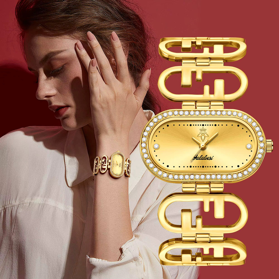 YaLaLuSi Armbanduhr, Quarz, Edelstahl, Bicolor, Gold, Schwarz, Diamantbesetzt, Damen - Bild 2