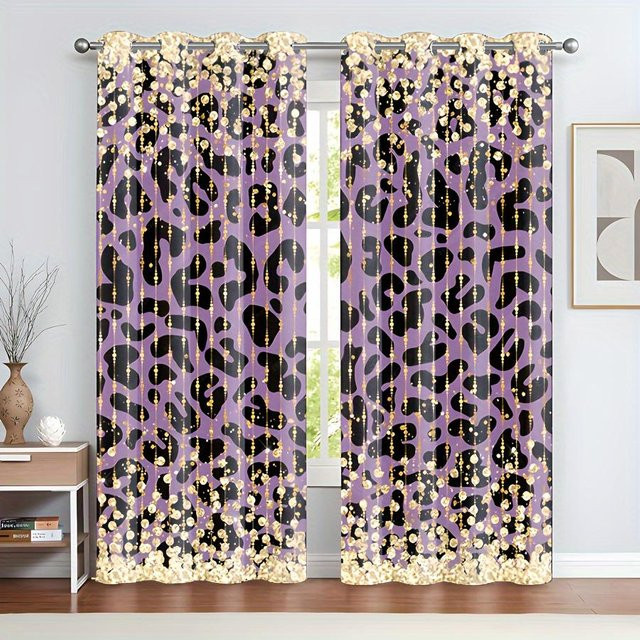 Elegante Vorhänge mit Leopardenmuster und goldenen Verzierungen, halbtransparent, B: 100 cm, H: 130 cm - Bild 1