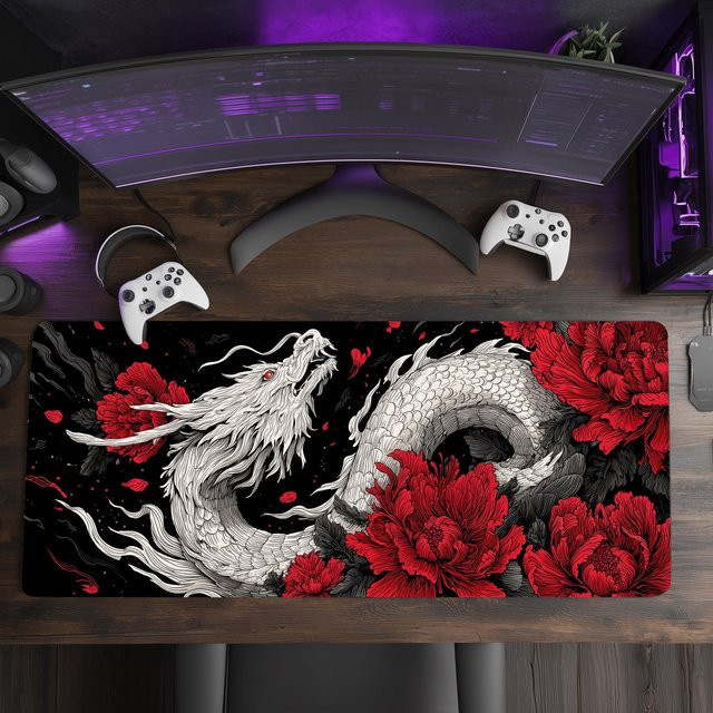 MOUPING Gaming-Mauspad Weiß mit rotem Drachen und Pfingstrosen, große Schreibtischunterlage für Laptop und Büro - Bild 1