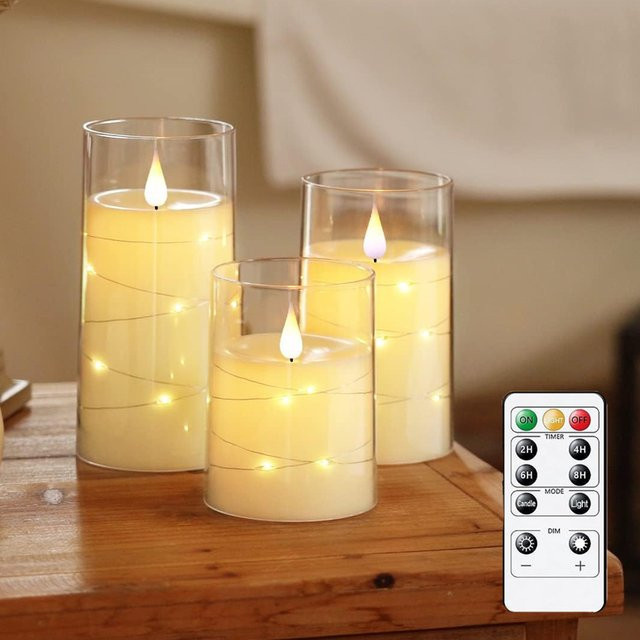 MeeToo LED-Säulenkerzen Weiß mit Flackereffekt, Fernbedienung und Timer, batteriebetrieben - Bild 1