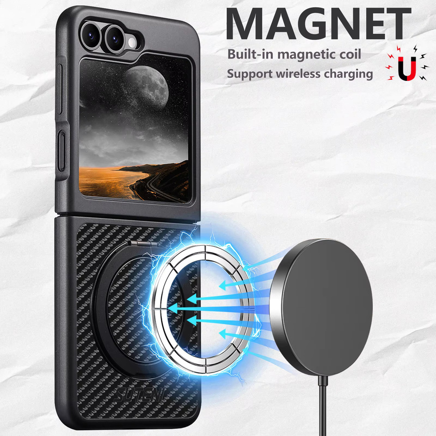 SUTENI Handyhülle aus Kunstleder mit Magnet, kabellosem Laden und 360 Grad drehbarem Ständer sowie Ringschnalle für Samsung Galaxy Z Flip 7, Z Flip 6 und Z Flip 5 in Schwarz - Bild 3