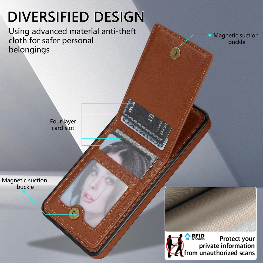 Vertikale Leder-Wallet-Tasche Solt für Samsung Galaxy S25 S24 Ultra S23 FE S22 S21 S20 Plus A54 A53 A14 A13 in Gold und Braun mit Kartenfach und Standfunktion - Bild 4