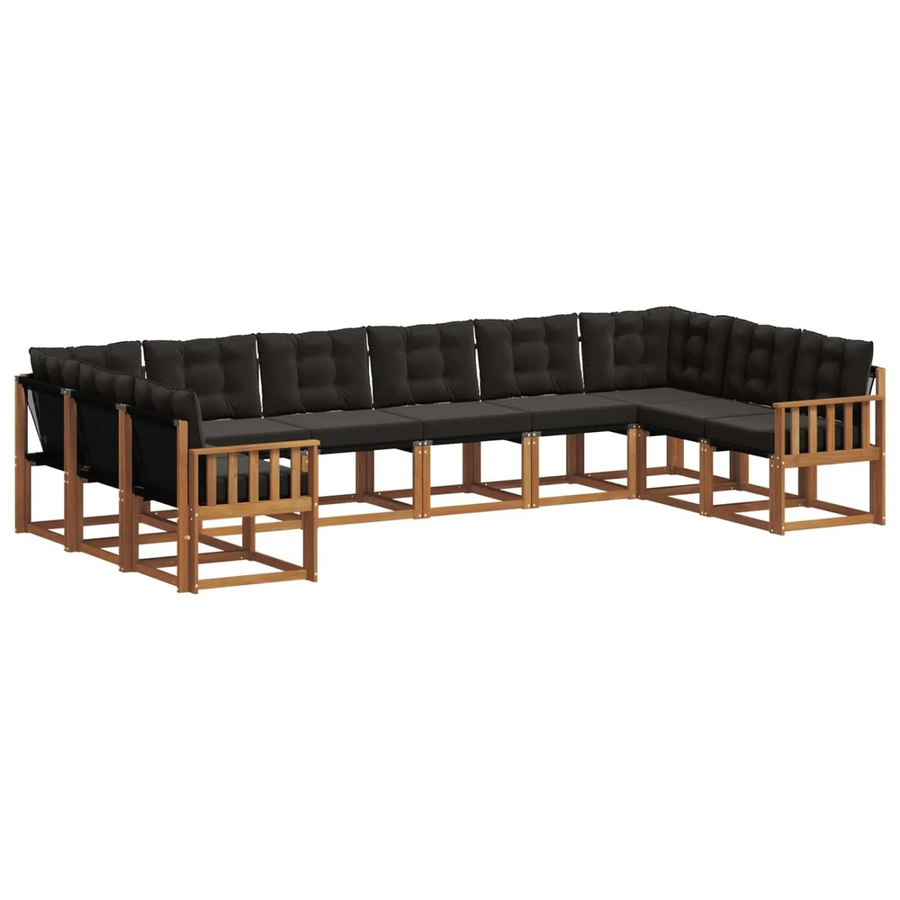 vidaXL Outdoor-Sofagarnitur aus Akazienholz in U-Form, 10-teiliges Set mit Textilene und Kissen, Natur und Schwarz - Bild 2