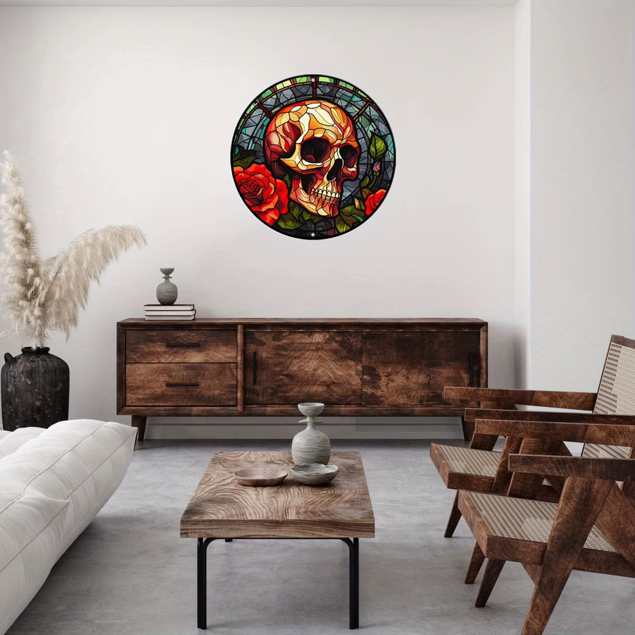 Potdemiel Rundes Aluminium-Metallschild mit Totenkopf und Rosen im Buntglas-Stil, Mehrfarbig, Durchmesser: 20 cm - Bild 3