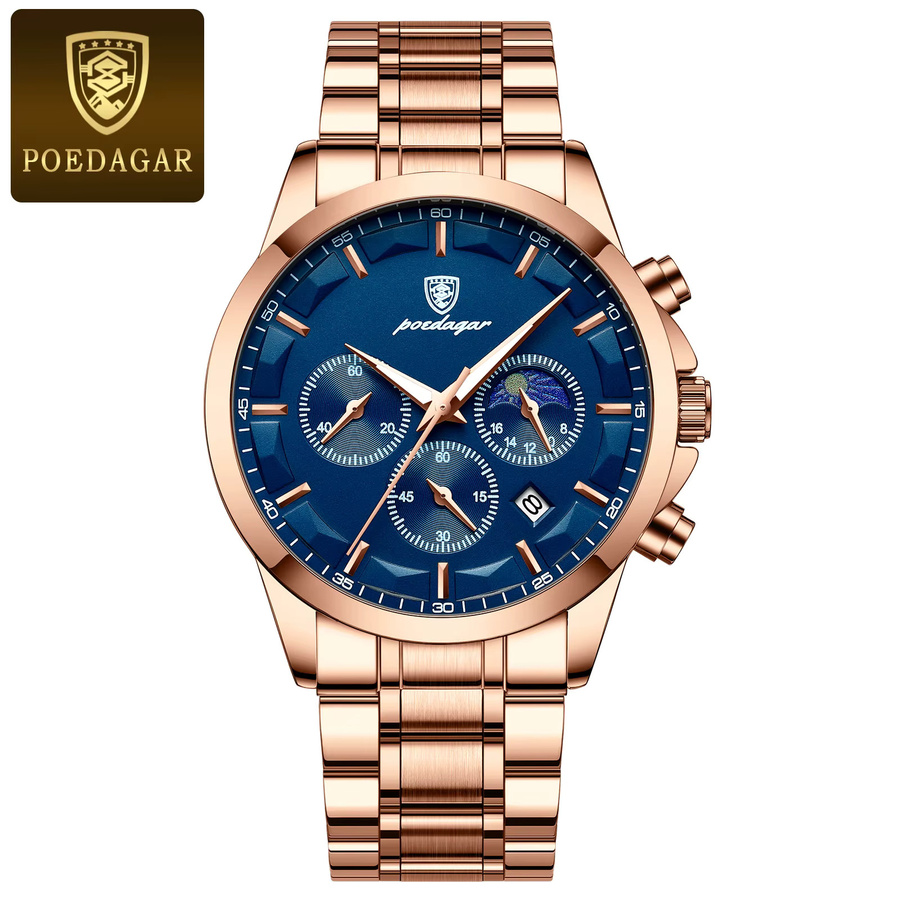 POEDAGAR Armbanduhr Chronograph, Quarz, Edelstahl, Schwarz, Herren - Bild 6