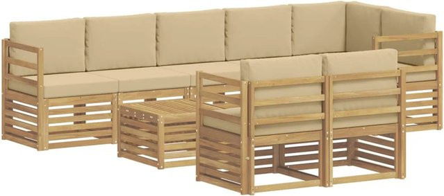 vidaXL Outdoor-Sofagarnitur 9-teilig in L-Form mit Polstern, Akazie und Polyester, Weiß/Beige/Braun, B/T/H: 59 x 59 x 37 cm - Bild 1