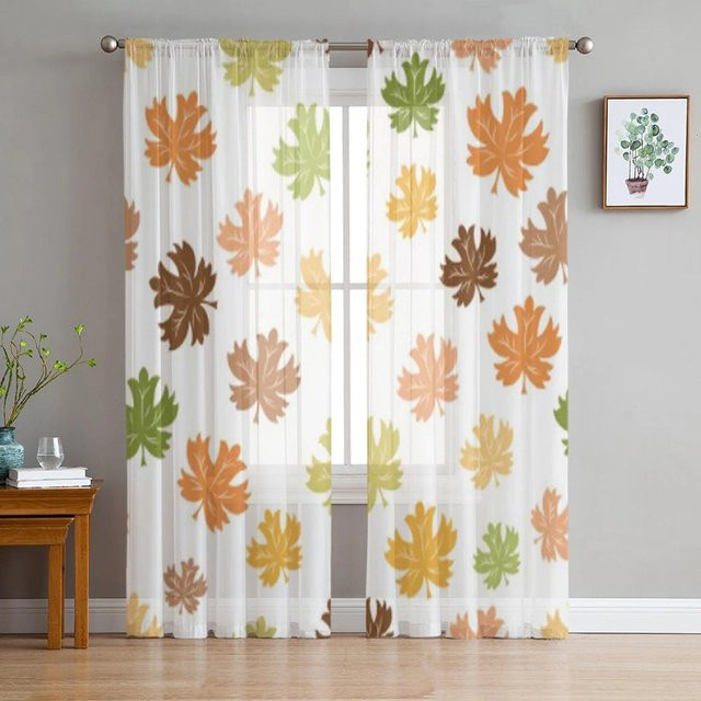 A Family Of Home Textiles Transparentes Tüll-Voile-Fenster vorhang mit Herbst-Ahornblatt-Design in Weiß, Breite: 135 cm, Höhe: 114 cm - Bild 1