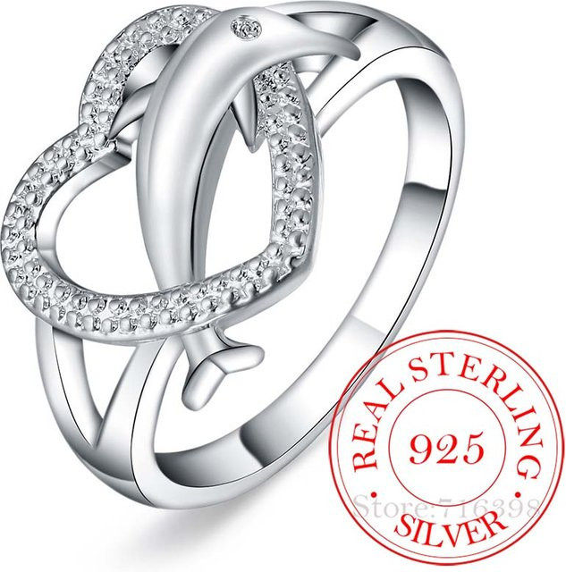 Partnerring Delfin Herz Kristall, 925 Silber, Unisex - Bild 1