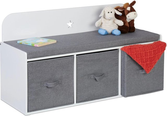 Relaxdays Kinderbank mit Stauraum und Polsterung in Weiß und Grau mit Sternenmotiv, B/T/H: 99 x 54 x 35 cm - Bild 1