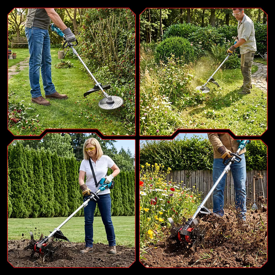 ONEVAN 2-in-1 Bürstenloser Elektro-Gartenfräser und Rasentrimmer 1800W mit Bodenwender, kompatibel mit Makita 18V LXT Akku - Bild 2