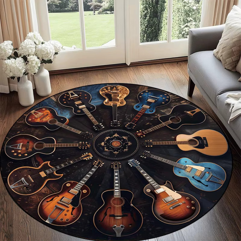Runder VIKAMA Rock-Gitarren-Teppich mit Vintage-Print, rutschfest und waschbar, Multicolour, Durchmesser: 60 cm - Bild 2