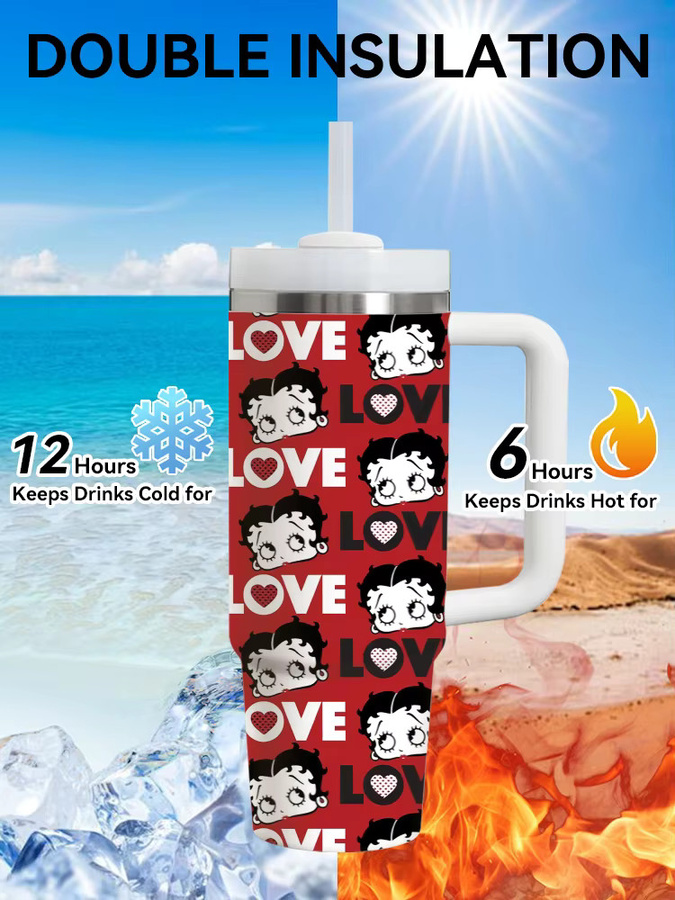 B-Betty B-Boop Vakuum-Thermosflasche aus Edelstahl, isolierter Reisebecher mit Griff und Strohhalm, White/Multicolour, 1,18 l - Bild 4