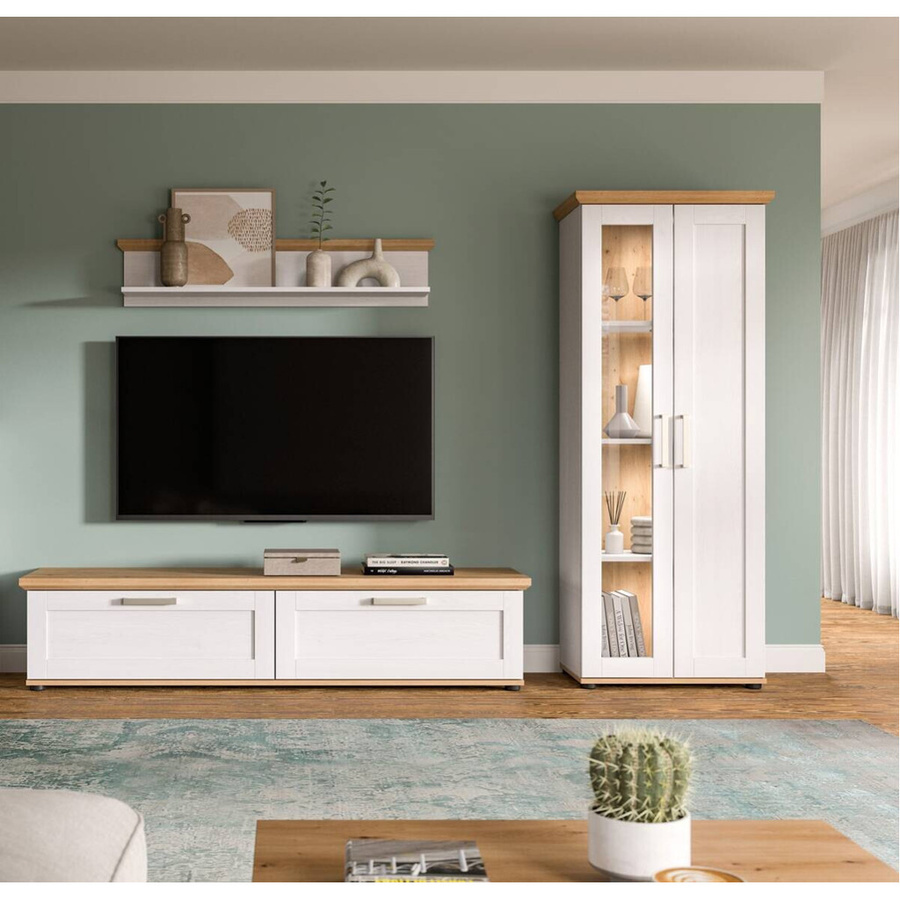 Wohnwand VERONA von xonox.home in Lärche und Eiche Nachbildung im Landhaus-Stil mit Vitrine und Glasfronten, B/H/T: 240 x 161 x 40 cm - Bild 2