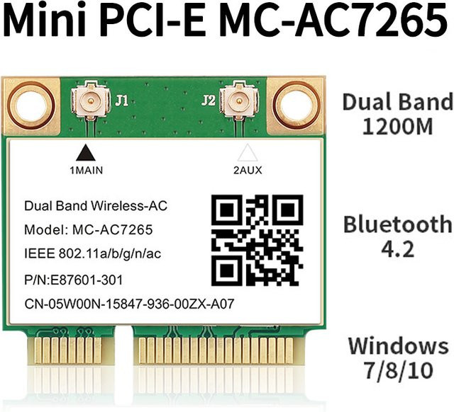 TelDaykemei MC-AC7265 Mini PCI-E WLAN Karte mit Bluetooth 4.2, 1200Mbps, Dualband 2,4GHz und 5GHz, für Laptop, Windows 7 8 10 11, Grün - Bild 1