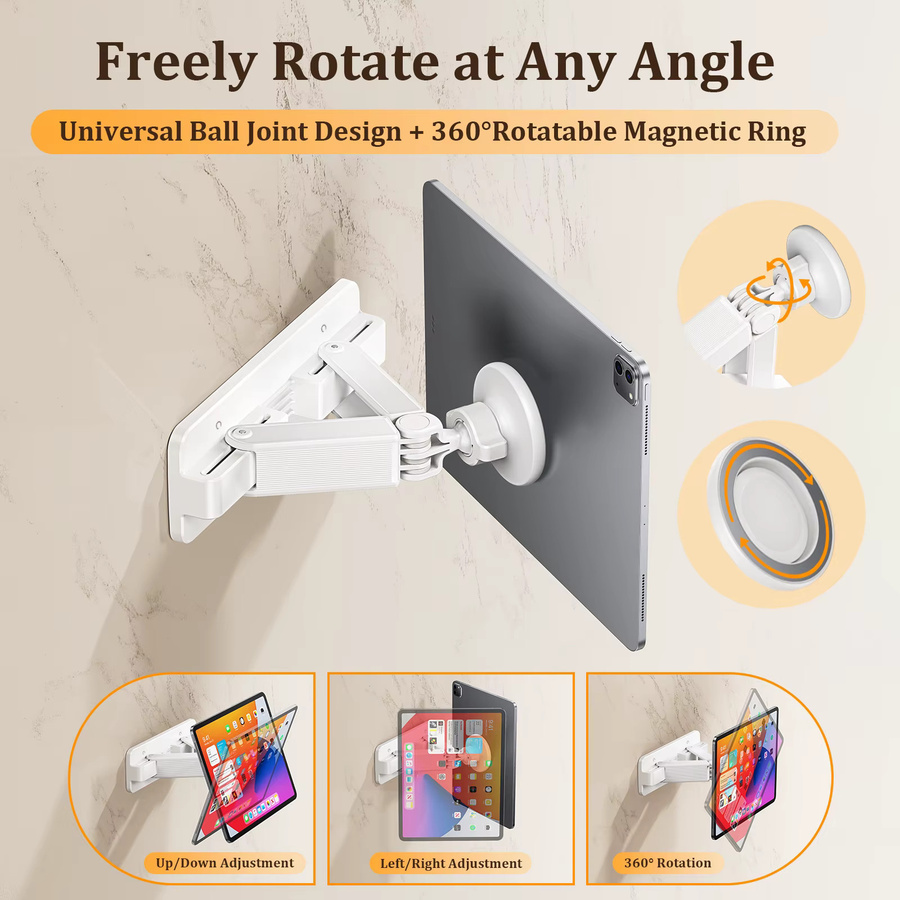 Eary Magnetische Tablet-Wandhalterung in Weiß mit klappbarem Arm für iPad, iPhone, Samsung Galaxy Tab und Kindle - Bild 2