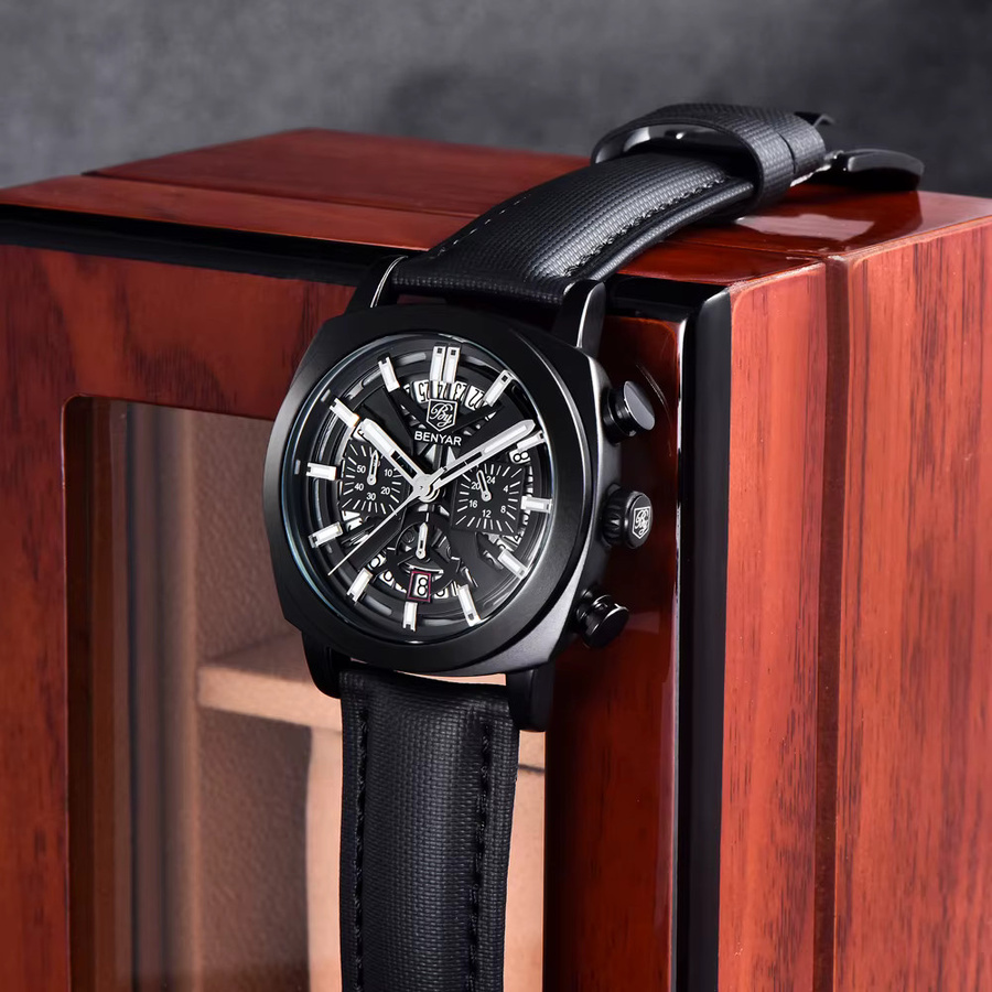 BENYAR Chronograph, Armbanduhr, Quarz, Leder, Schwarz, Herren - Bild 4