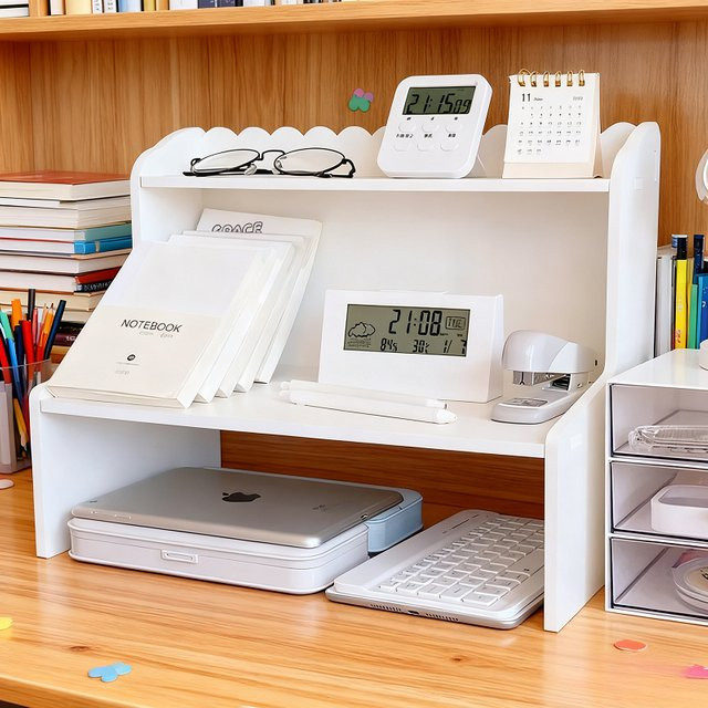 Doppelschichtiges Desktop-Aufbewahrungsregal aus Kunststoff in Weiß als Mehrzweck-Organizer für Kosmetika, Büro und Küche - Bild 1